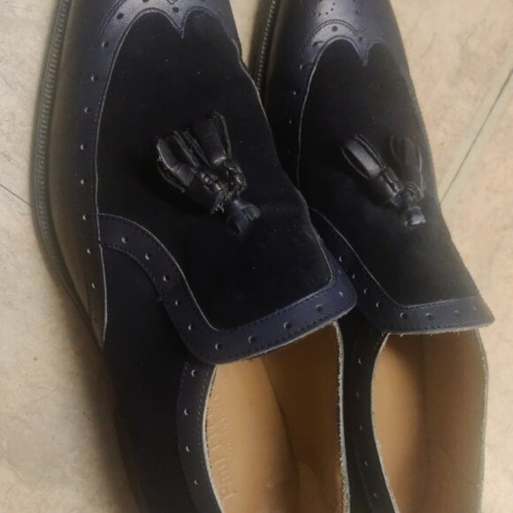 Paul Fredrick navy tassel loafers 9M leather suede italy blake stitch nail heels main image 4